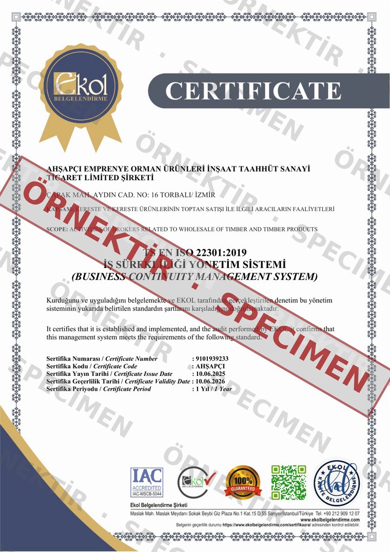 TS EN ISO 22301:2019 İş Sürekliliği Yönetim Sistemi belgesi — örnektir