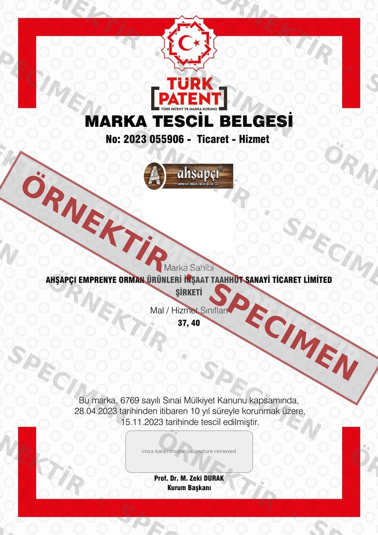 Ahşapçı marka tescil belgesi — örnektir