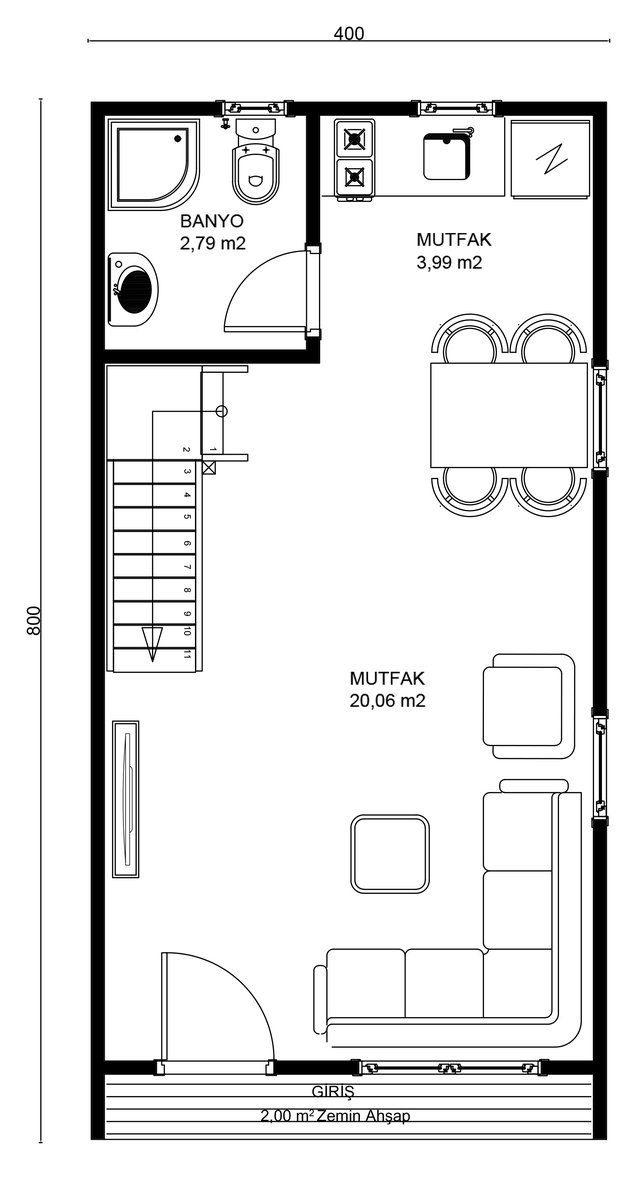 ALAÇATI zemin kat planı — Yaşam Alanı, Mutfak, Banyo, Giriş (ahşap zemin)