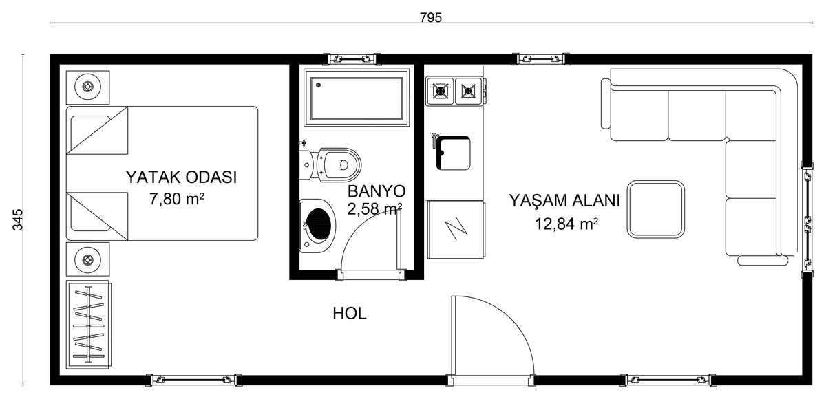 SALDA zemin kat planı — Yaşam Alanı, Yatak Odası, Banyo, Hol